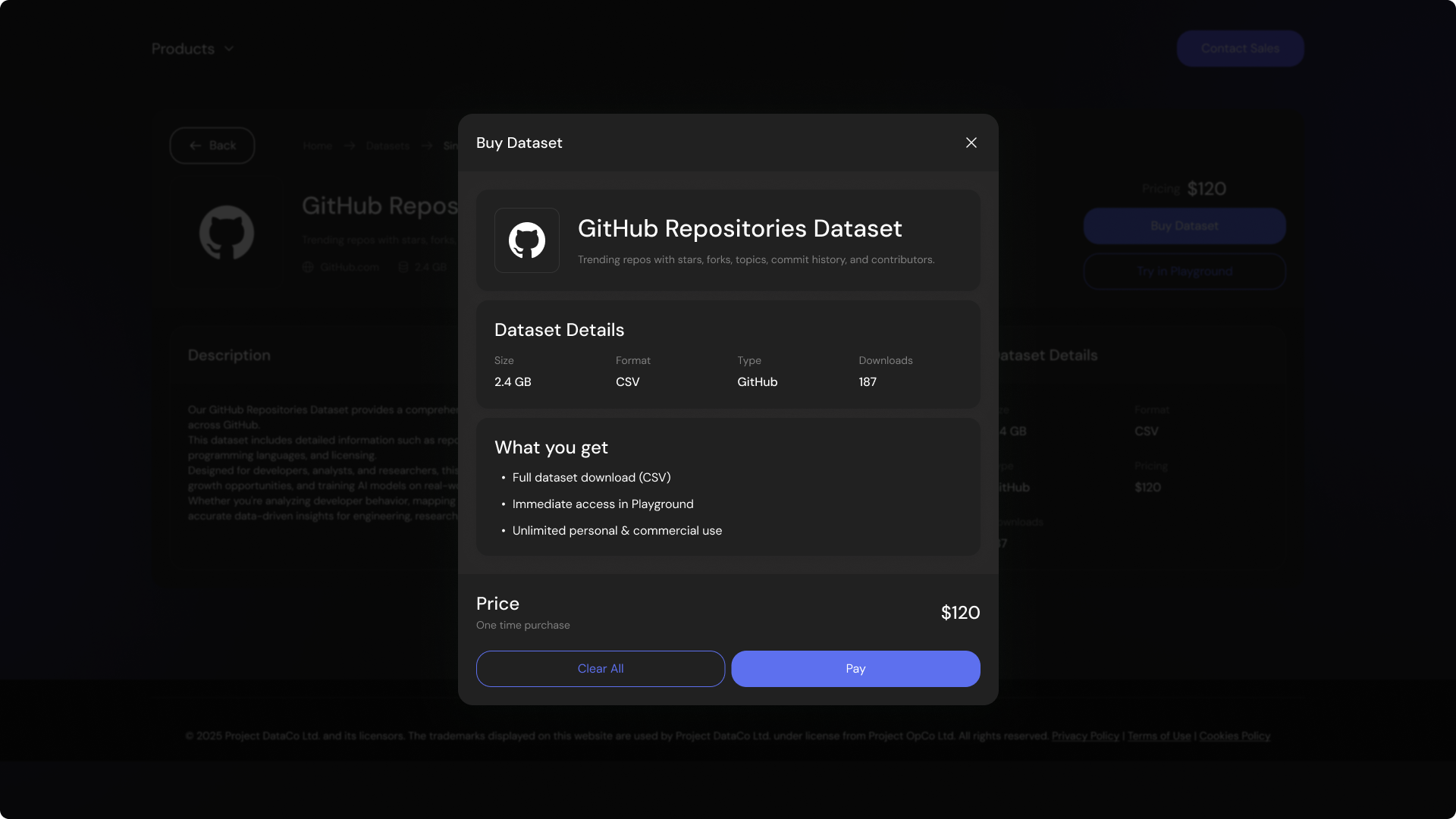Buy Dataset Modal Dark