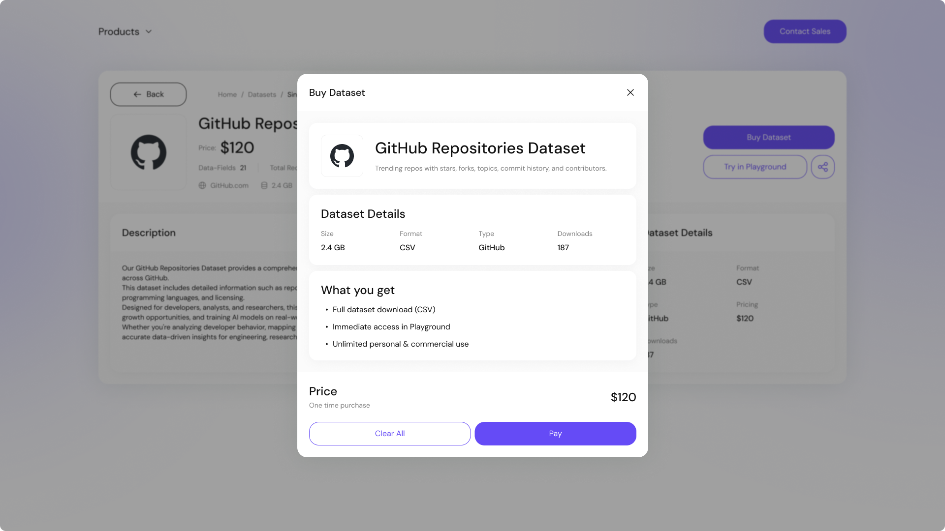 Buy Dataset Modal Light