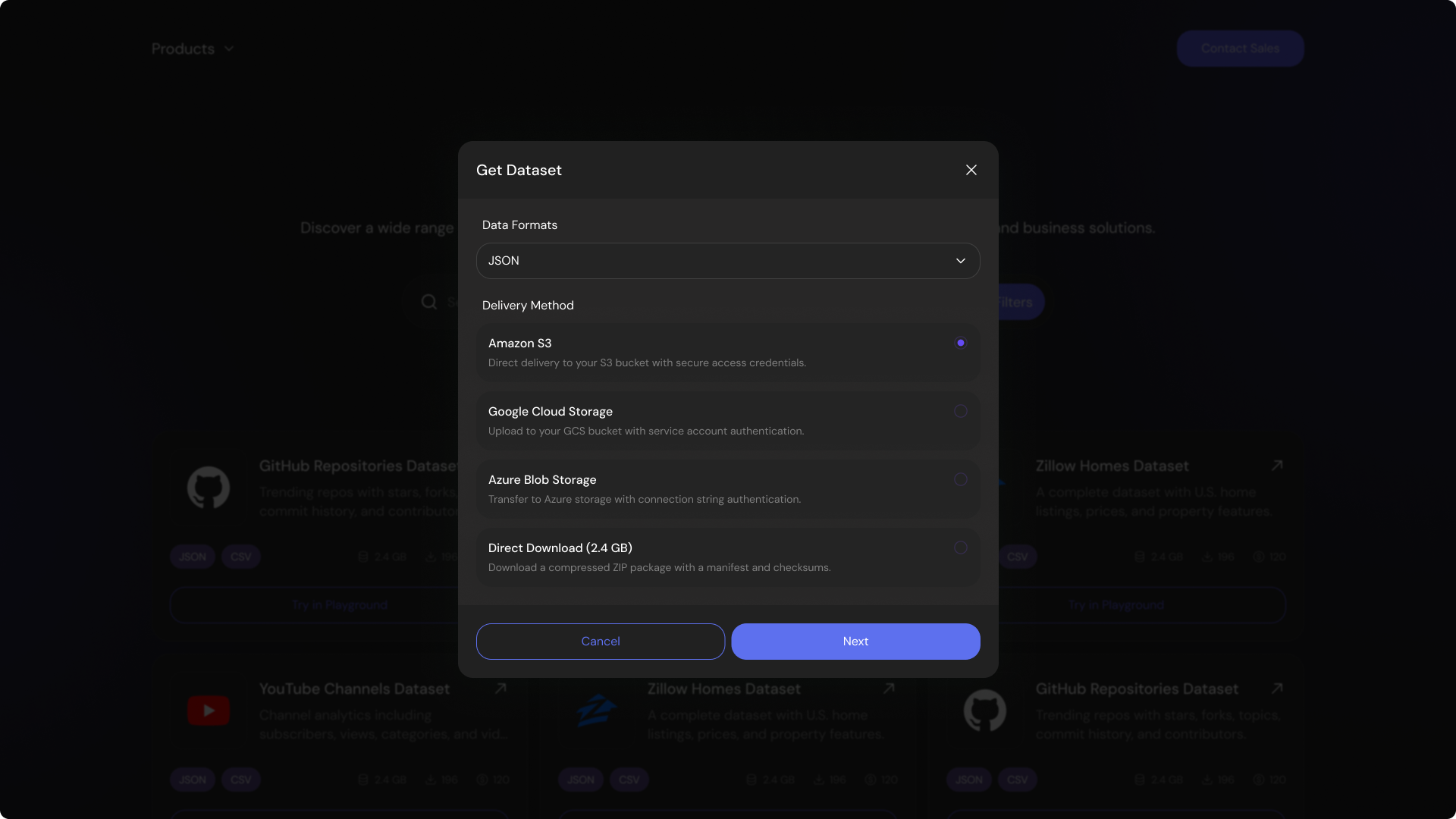 Get Dataset Modal Dark