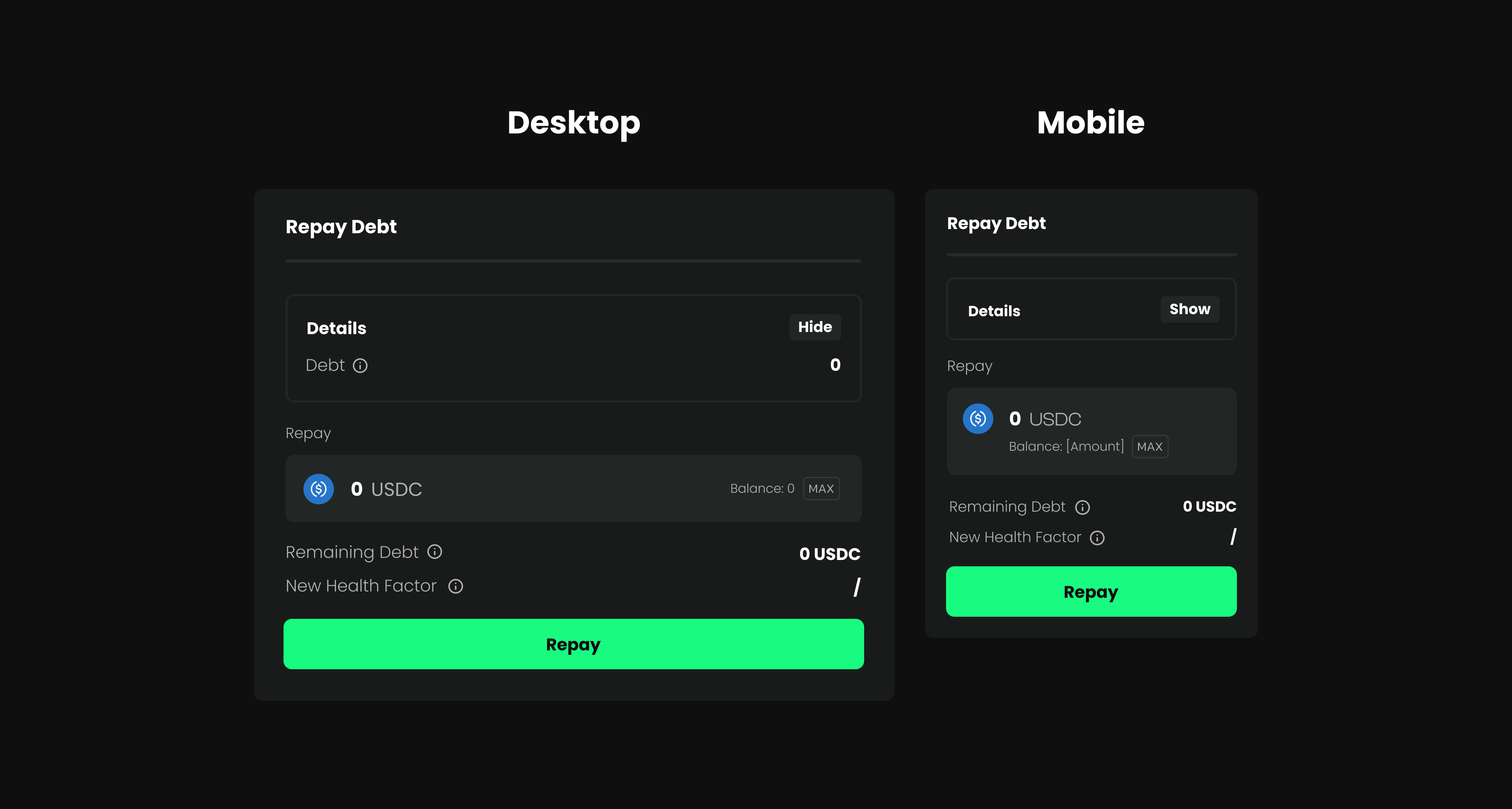 Repay Debt Modal - Desktop & Mobile