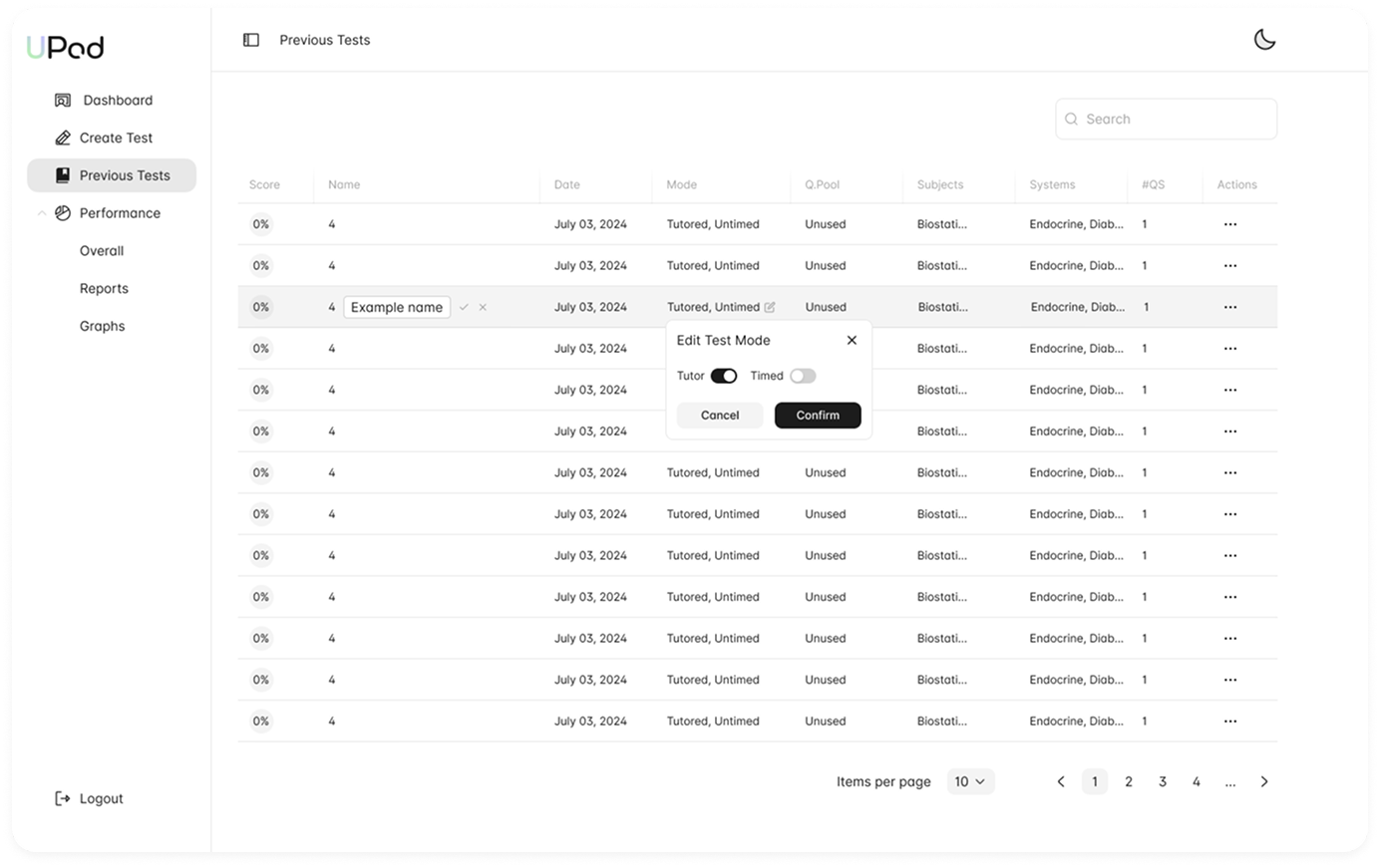 UPod Previous Tests Table